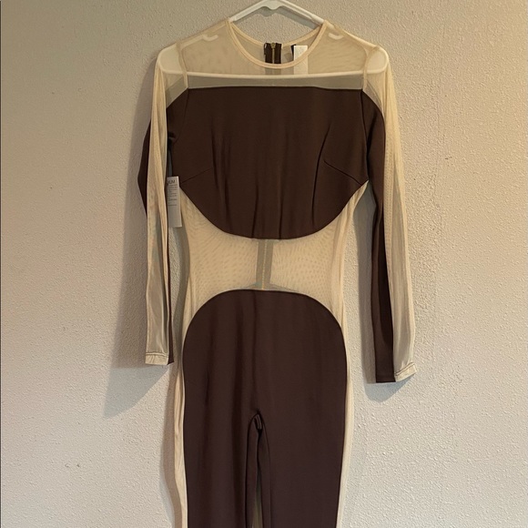 Brown and nude jumpsuit. - Picture 3 of 11